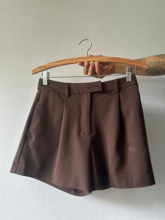 Chocolate Brown Pleated Tailored Shorts - Size 8