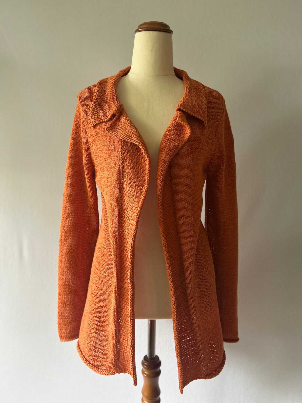 Terracotta Open-Front Collared Longline Knit Cardigan - Size S