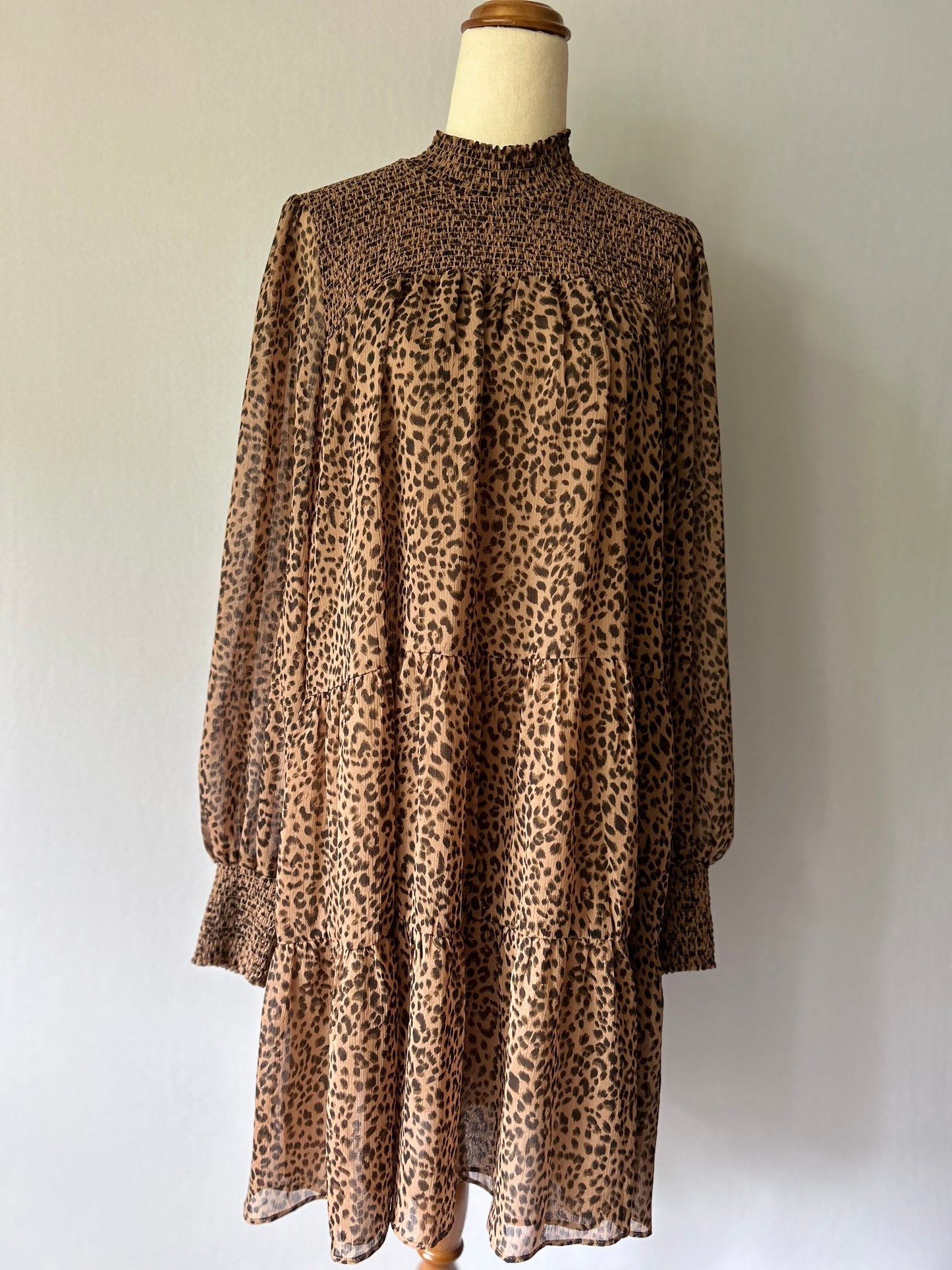 Smocked Leopard Print Tiered Midi Dress – Size 18