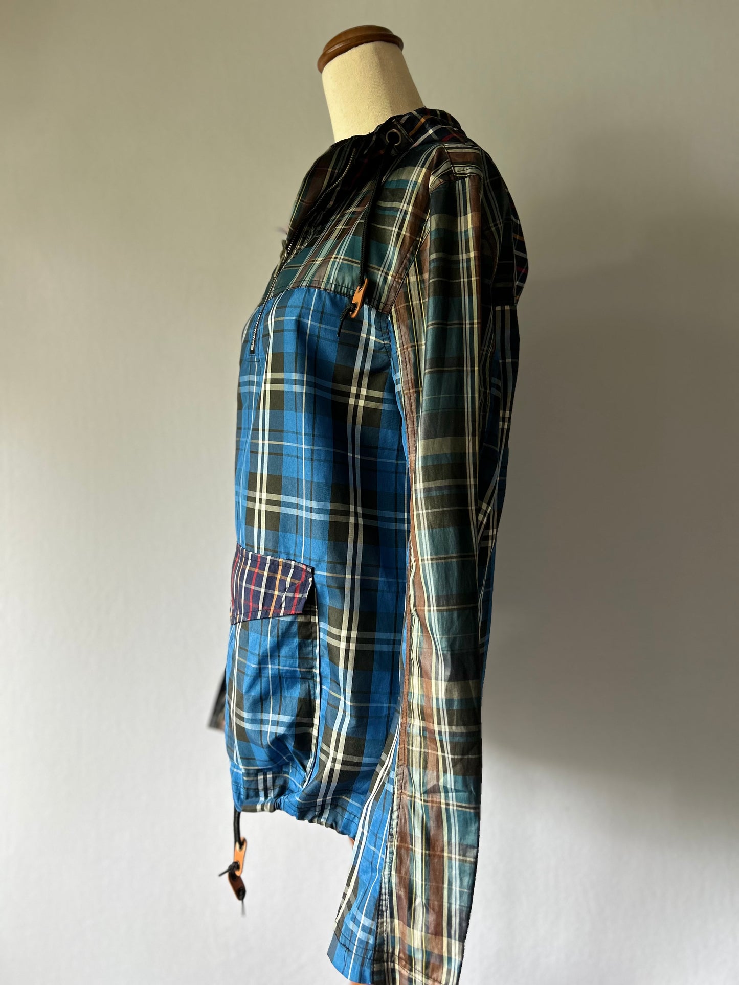 Blue Plaid Mixed Pattern Hooded Windbreaker - Size 2XS