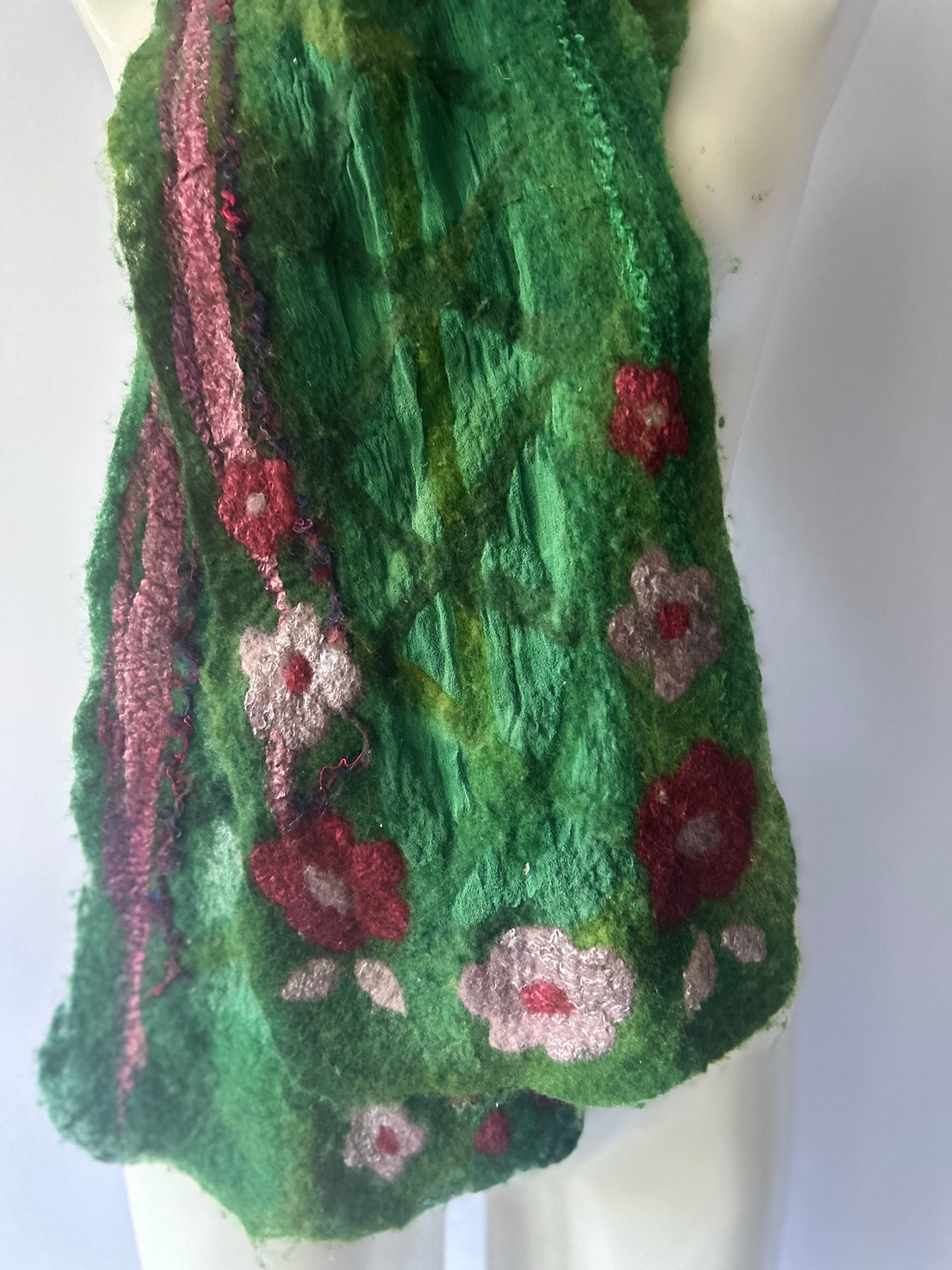 Artisan Hand-Felted Wool & Silk Floral Scarf - Forest Green - One Size