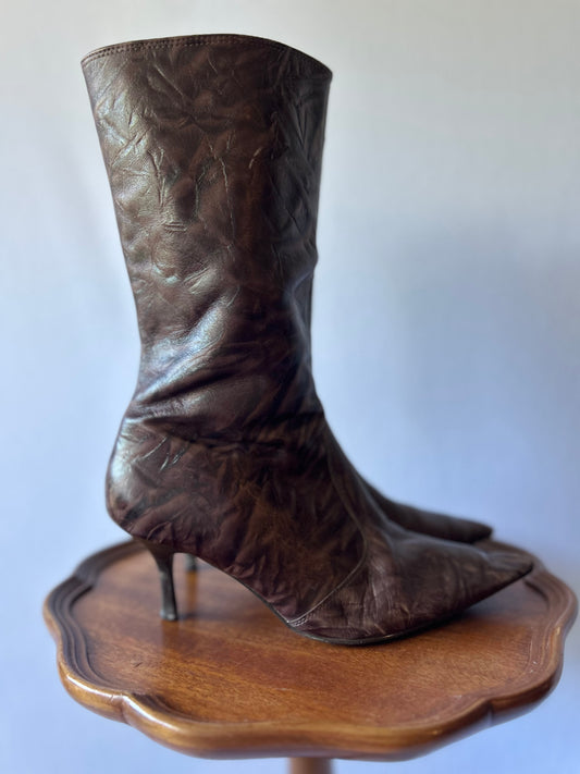 Chocolate Brown Crinkled Leather Pointed-Toe Boots - Size EUR 40