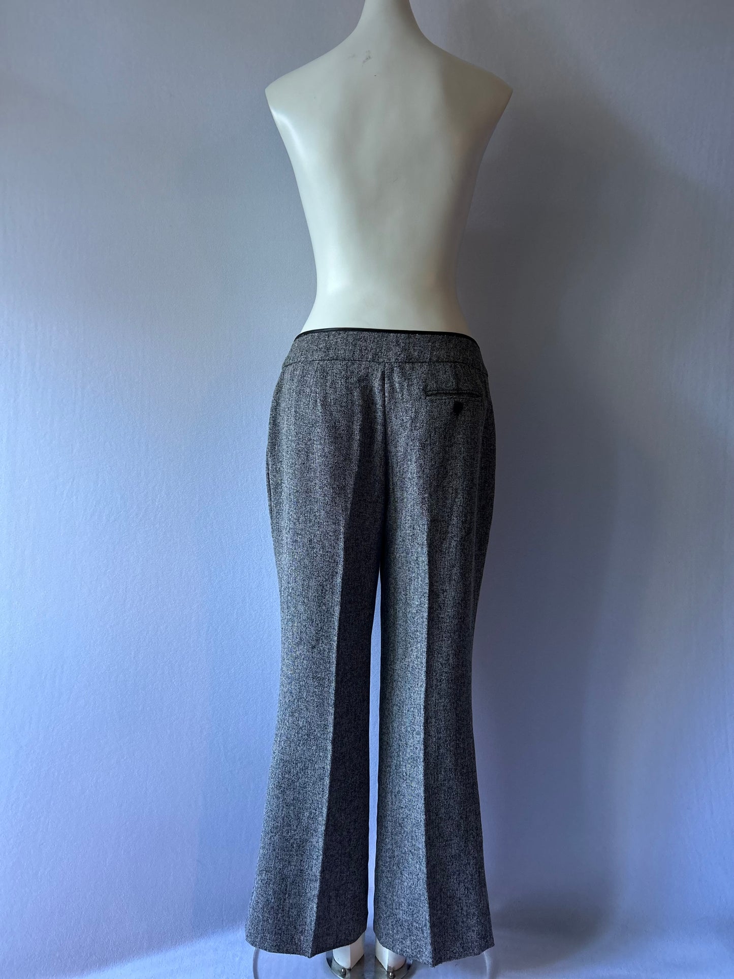 Monochrome Tweed-Look Tailored Trousers with Faux-Leather Trim - Size 12
