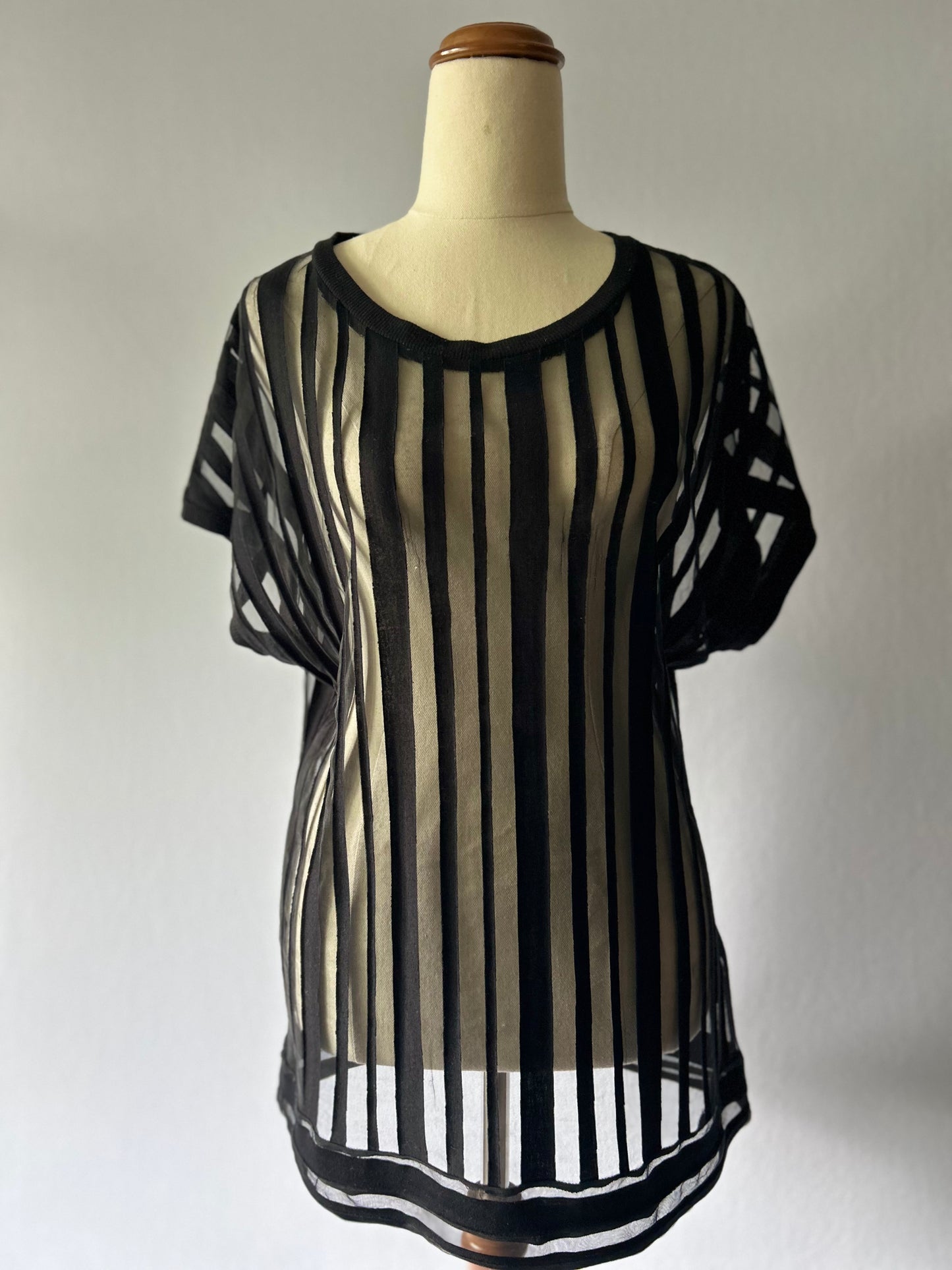 Graphic Sheer Shadow-Stripe Boxy Tunica Top - Black - Size L
