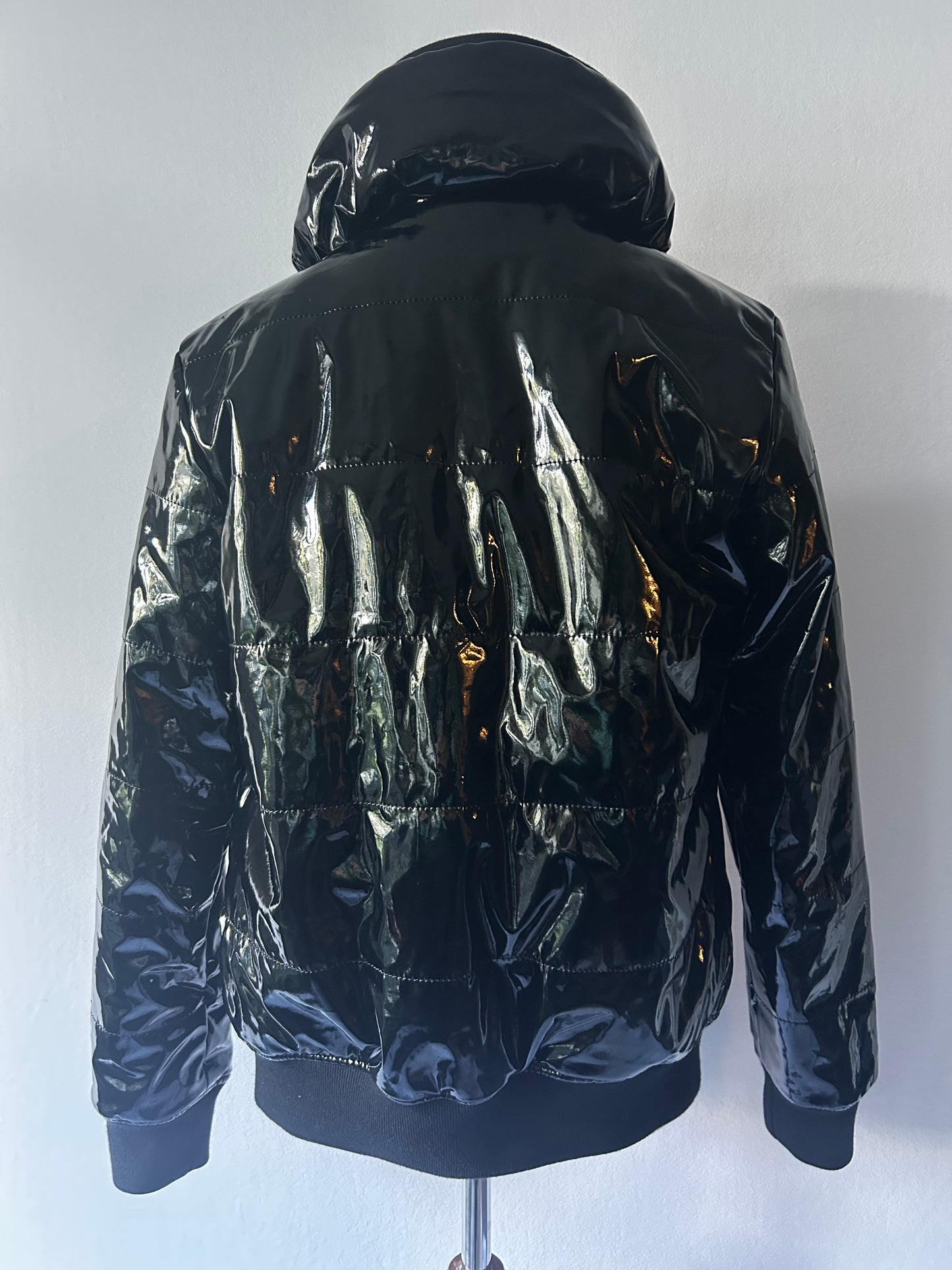 High-Shine Patent Leather-Look Puffer Bomber Jacket - Size M