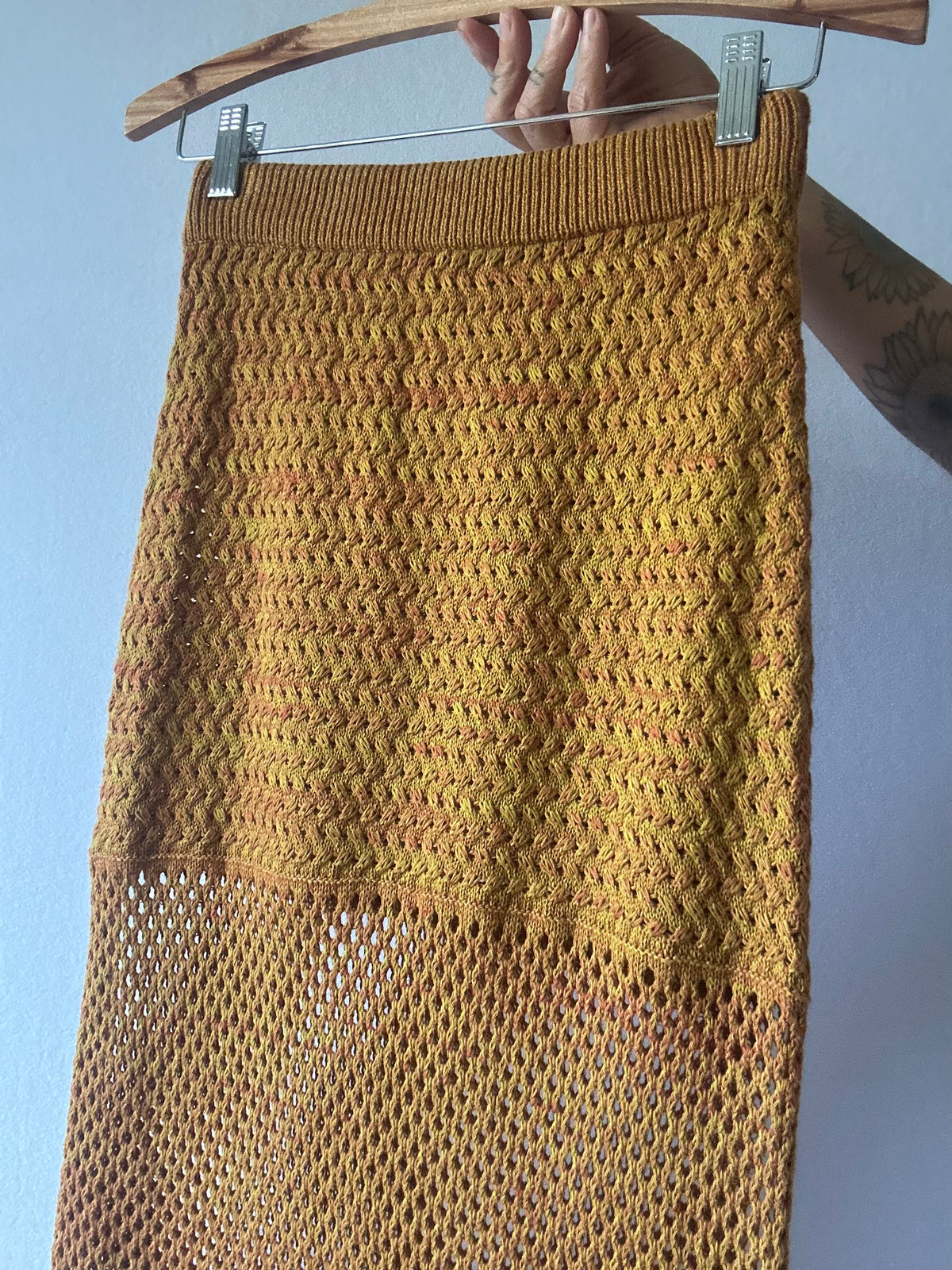 Mustard Caramel Crochet Open-Knit Cotton Maxi Skirt - Size S