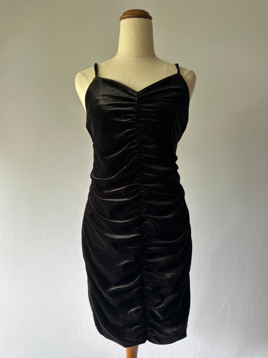 Black Crushed Velvet Ruched Bodycon Midi Dress - Size M