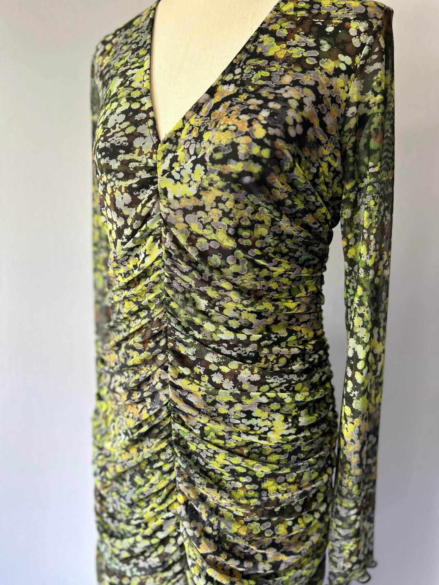 Abstract Floral Ruched Maxi Dress – Size UK M
