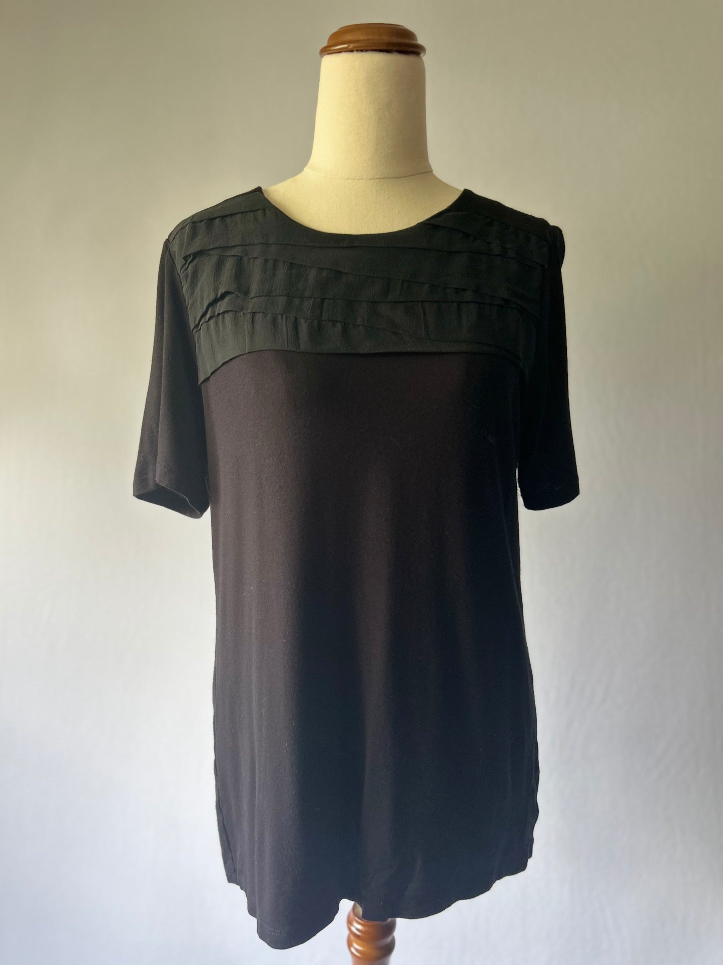 TOAT Black Top with Ruffle Detail – Size 10, Made in New Zealand, Viscose Blend