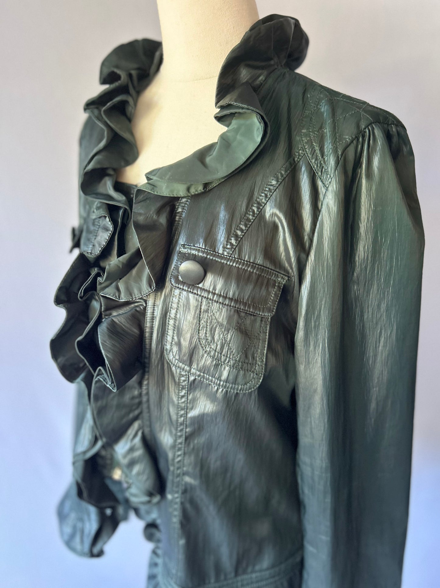 Deep Forest Green Ruffle-Front Faux Leather Jacket - Size 16
