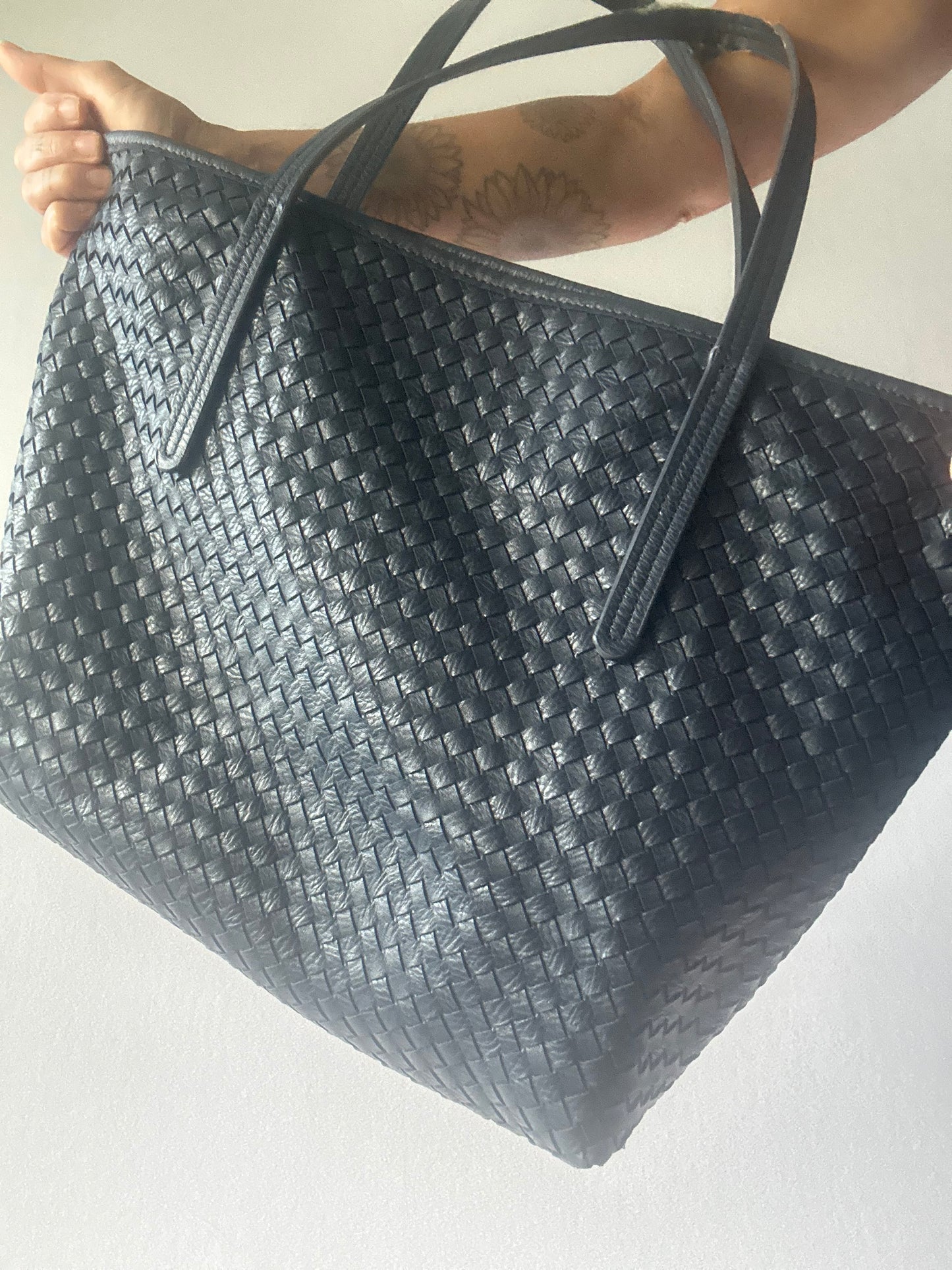 Navy Woven Faux Leather Large Tote Bag - Size Large