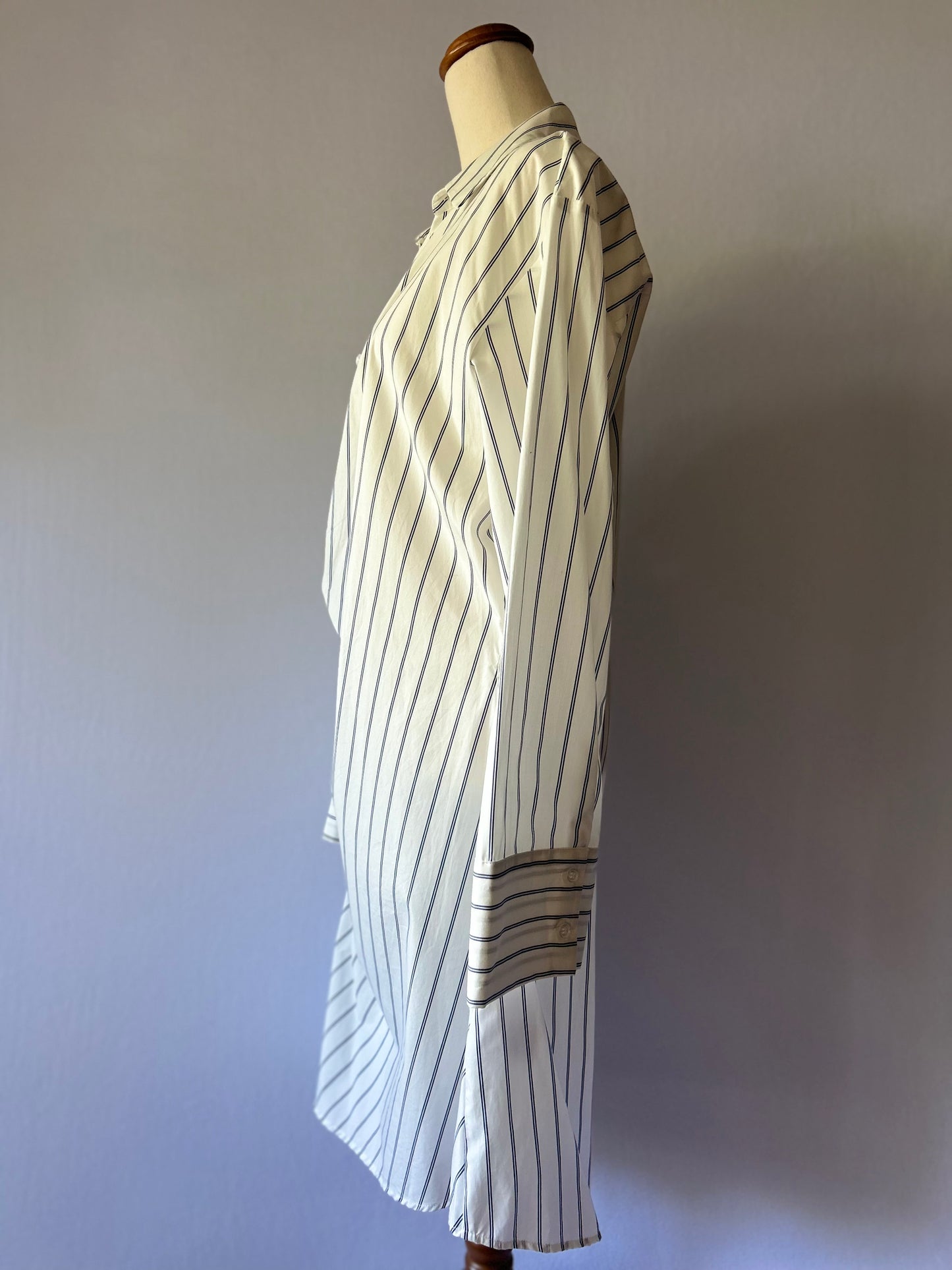 Striped White & Navy Gathered Wrap Style Shirt Dress - Size 14 (100% Cotton)