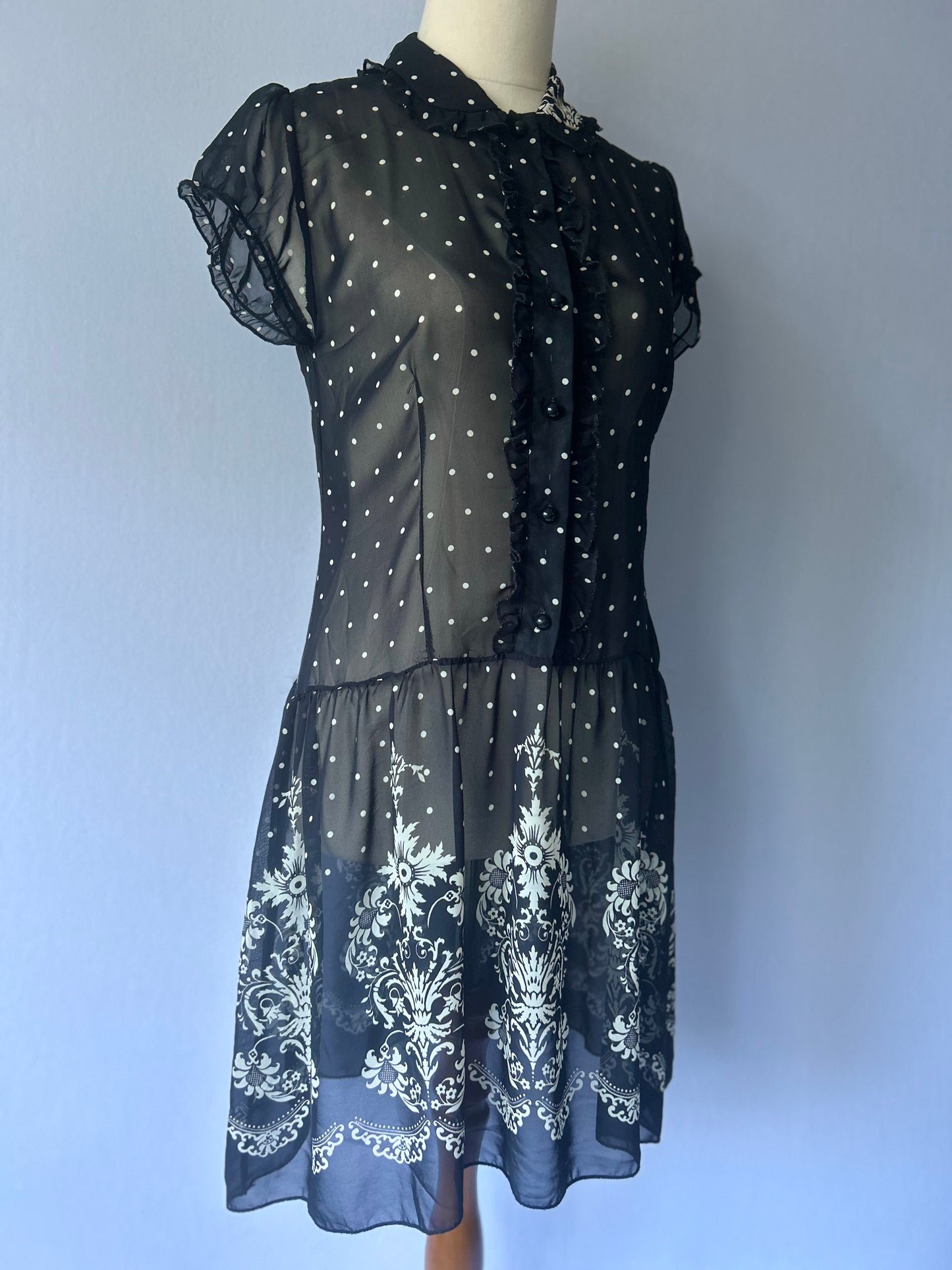 Polka Dot & Baroque Border Print Sheer Mini Dress - Size S