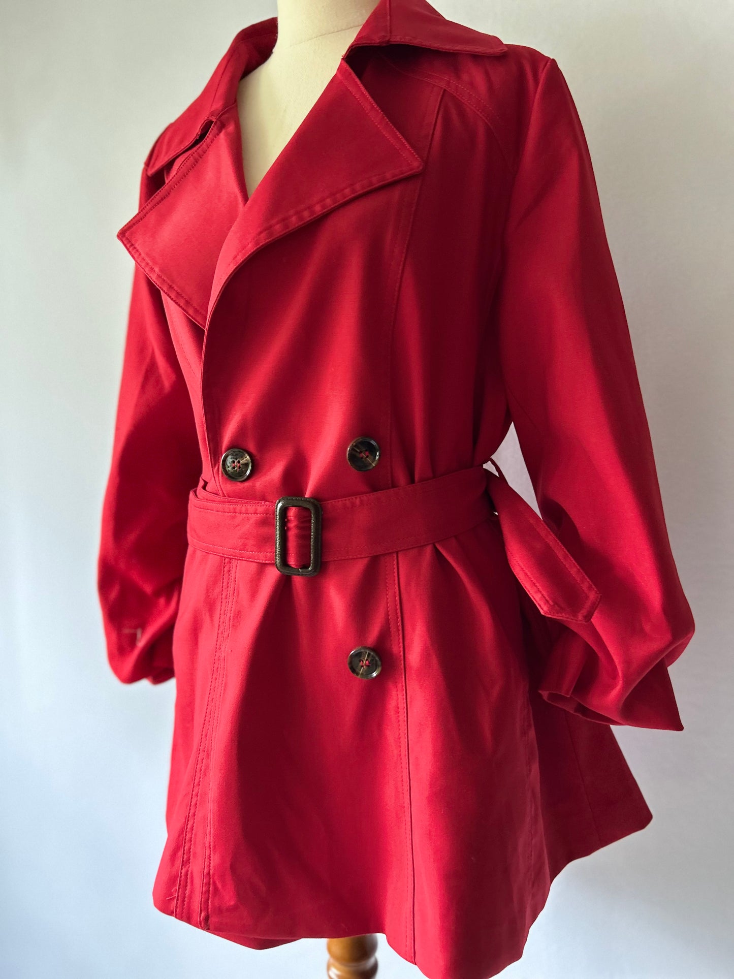 Crimson Red Double-Breasted Belted Trench Coat – Size XL