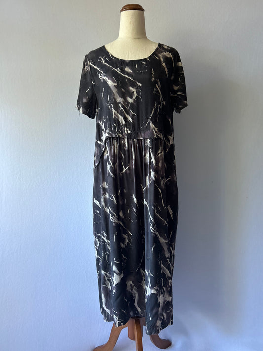 Marco Polo Black Marble Abstract Viscose Layered Midi Dress - Size 10