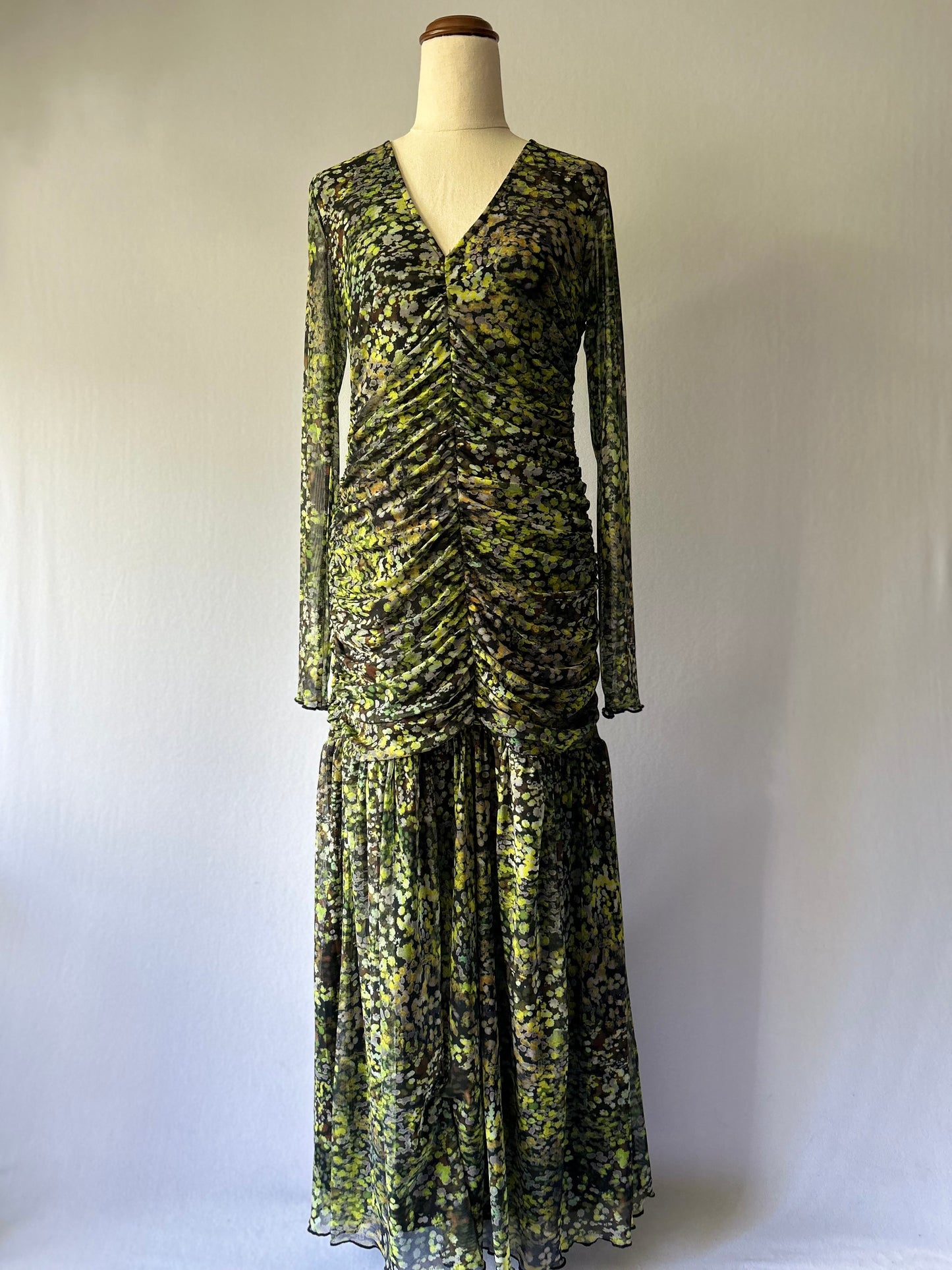 Abstract Floral Ruched Maxi Dress – Size UK M