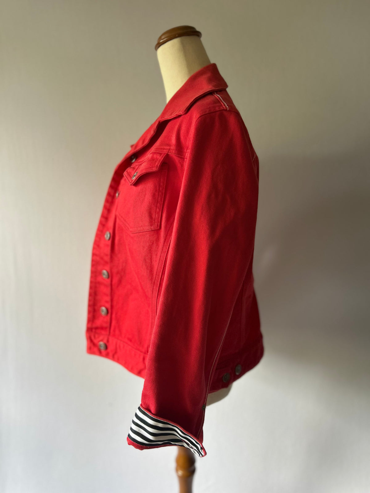 Verge Red Stretch Cotton Denim Style Jacket with Striped Cuffs - Size M