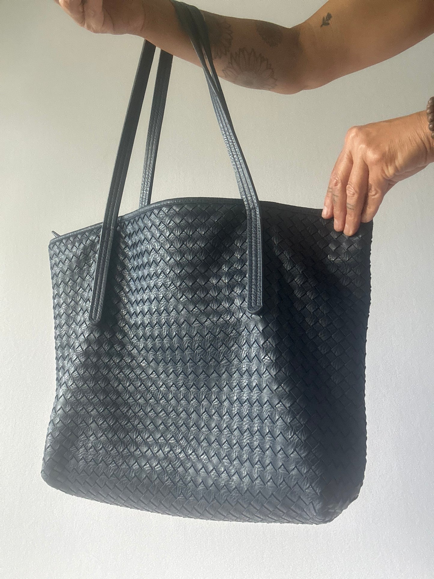 Navy Woven Faux Leather Large Tote Bag - Size Large