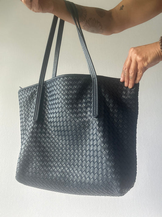 Navy Woven Faux Leather Large Tote Bag - Size Large