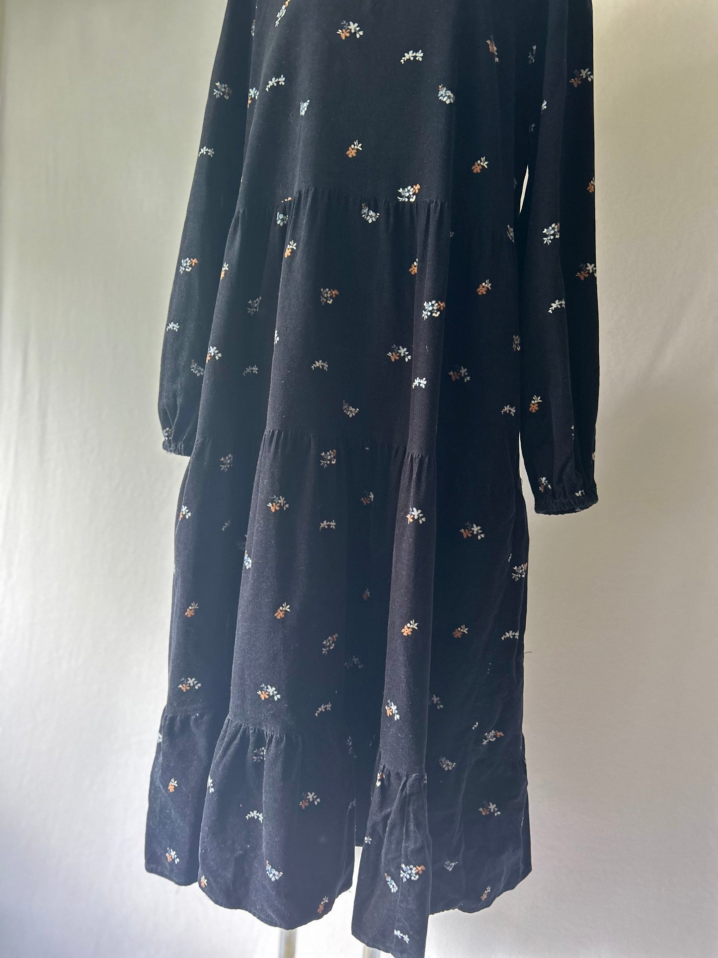 Navy Floral Tiered Corduroy Midi Dress - Size 14