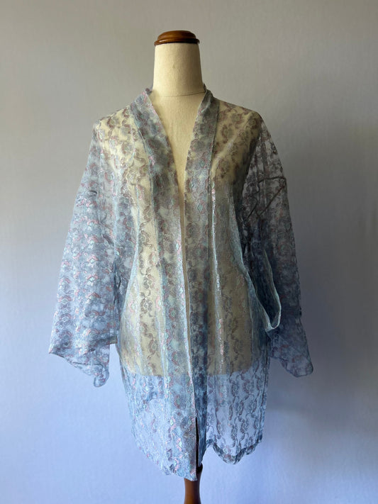Ethereal Sheer Floral Lace Open-Front Kimono Jacket - Dusty Pastel Blue - One Size