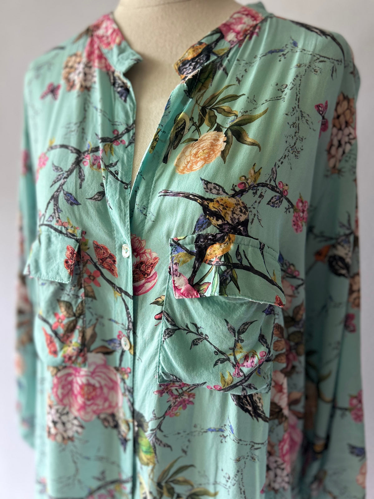 Mint Green Floral & Bird Print Viscose Shirt – Size L
