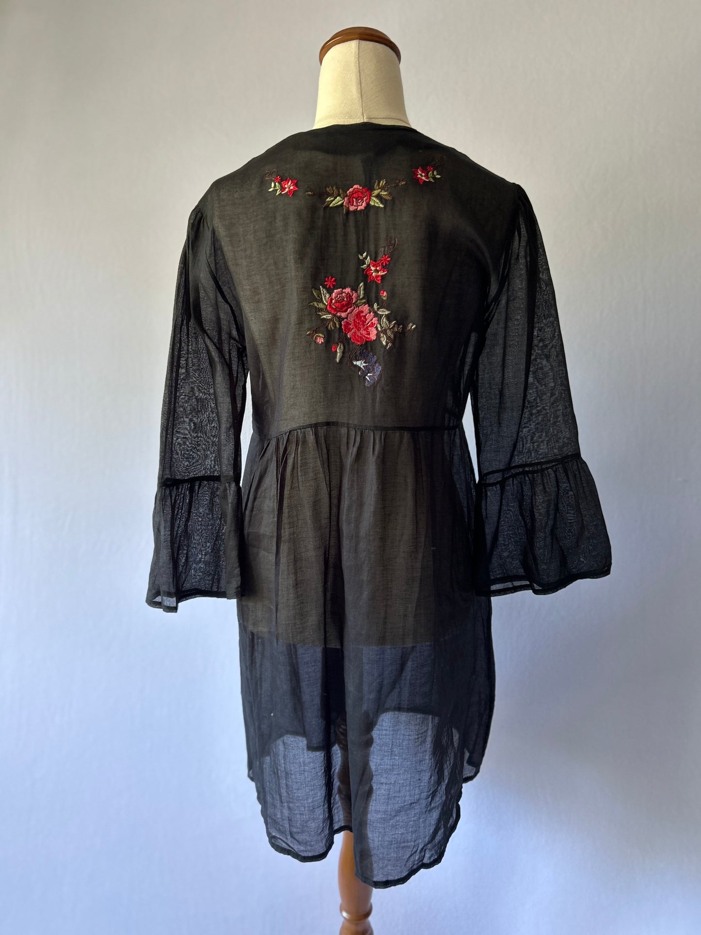 Embroidered Black Cotton Tunic / Beach Cover-Up (Size Small)