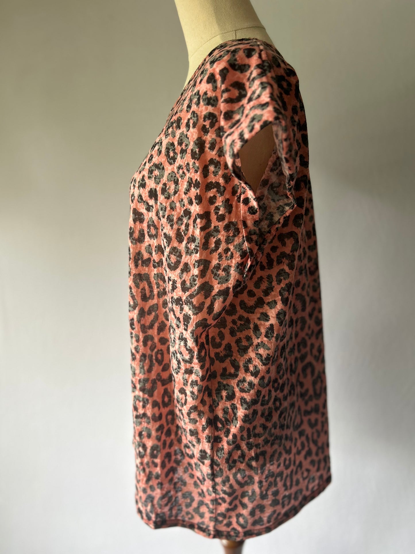 Black & Pink Leopard Print T-Shirt – Size 14, Polyester Viscose Blend