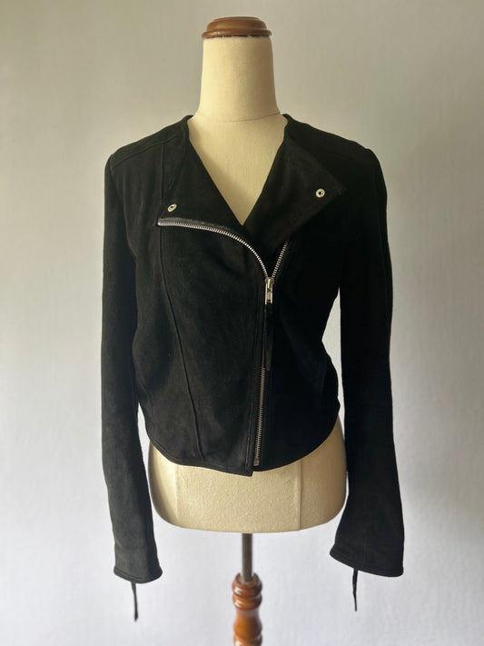White Suede Asymmetric Black Leather Moto Jacket – Size 10