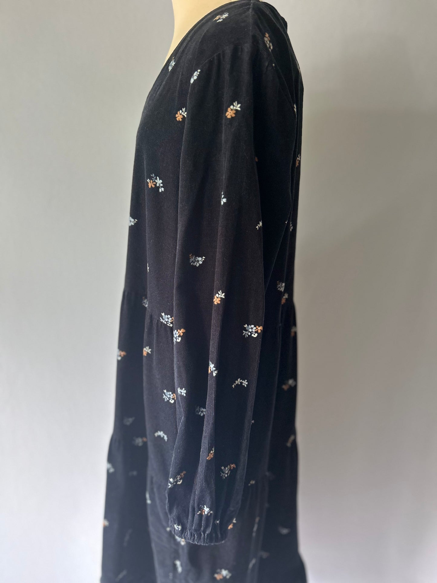 Navy Floral Tiered Corduroy Midi Dress - Size 14
