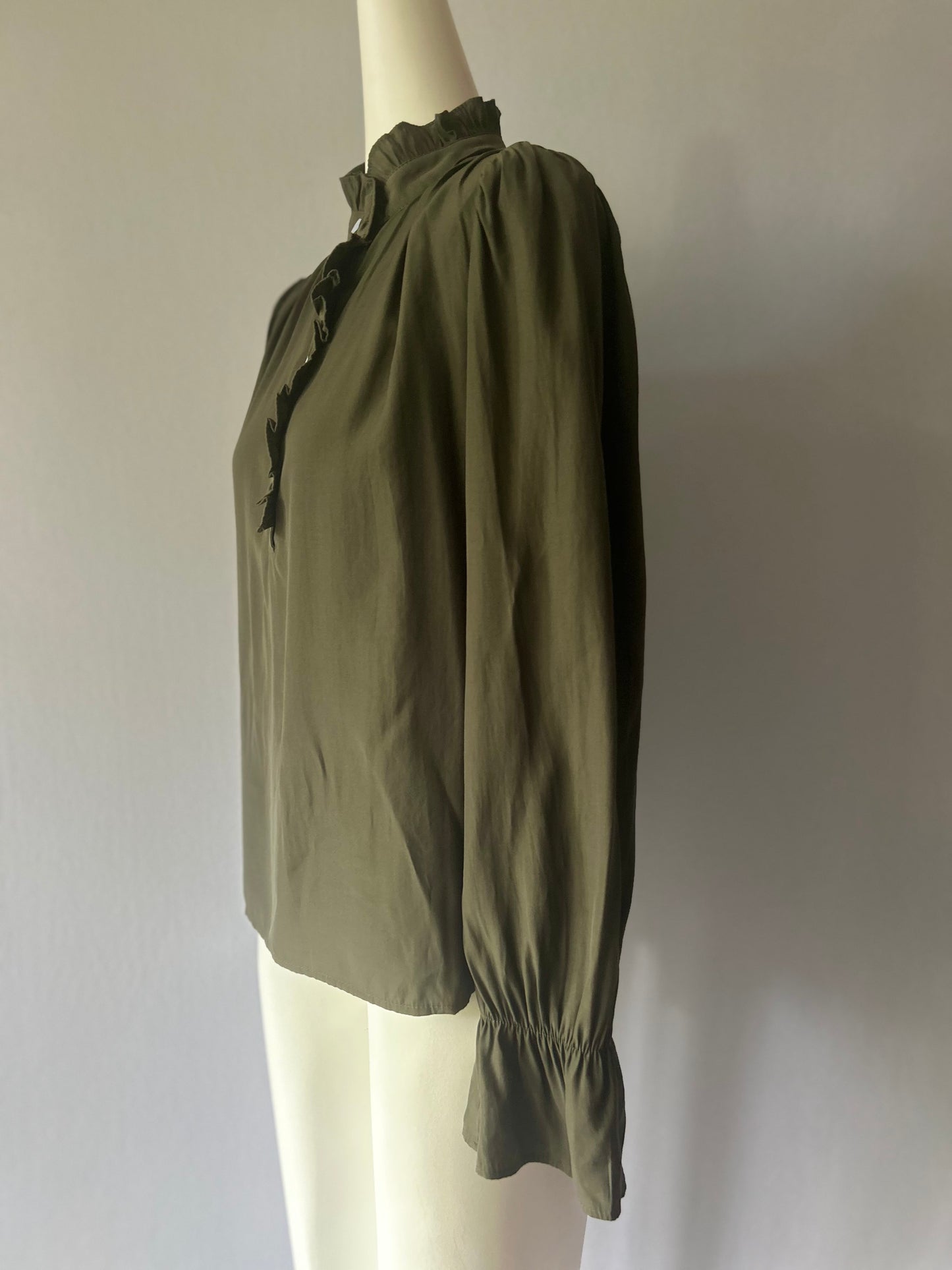 Romantic Ruffle High Neck Blouse - Olive Green - Size S