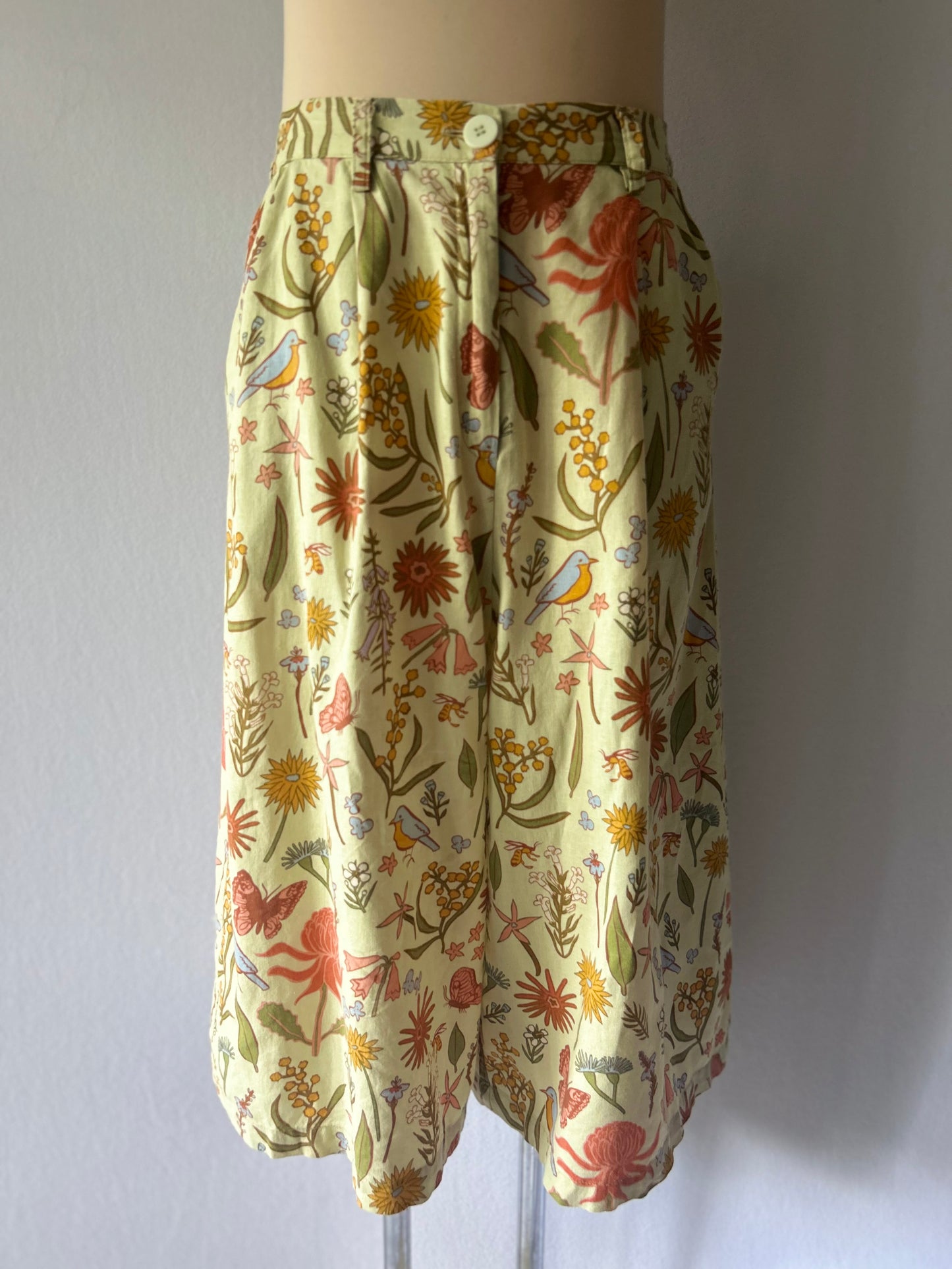 Princess Highway Floral & Bird Print Wide-Leg Linen Trousers - Size 10