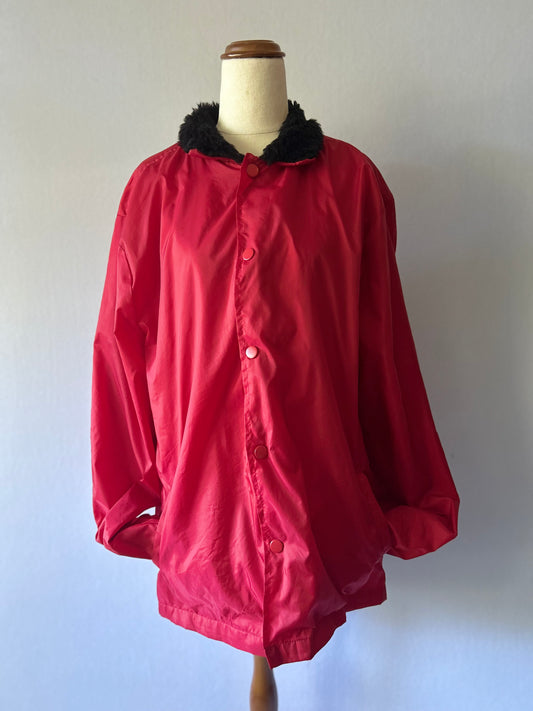 Elwood Red Nylon Statement Coach Jacket with Faux Fur Collar - Size L