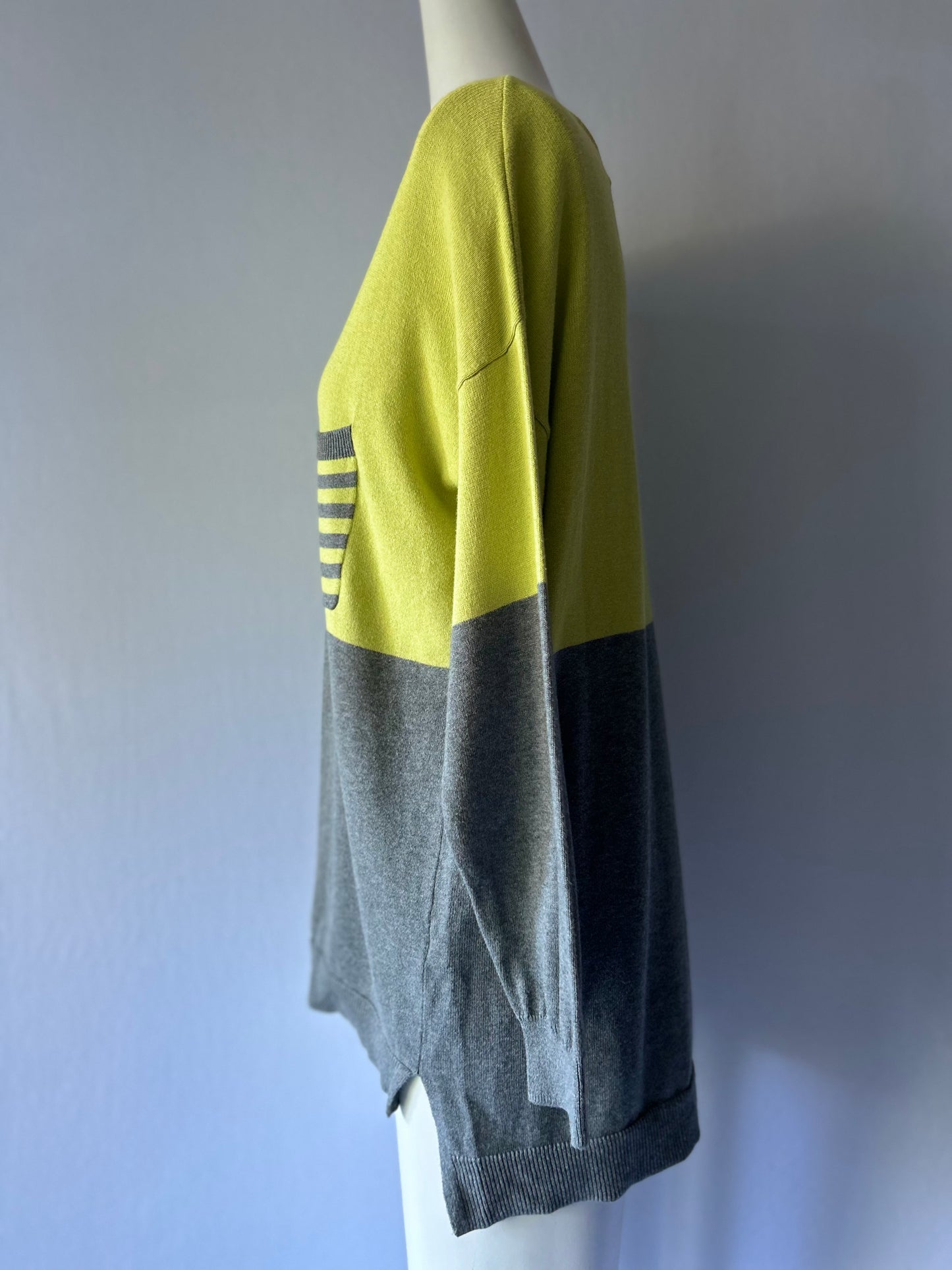 Chartreuse & Grey Two-Tone Cotton Sweater | Striped Pocket Detail | Size Large