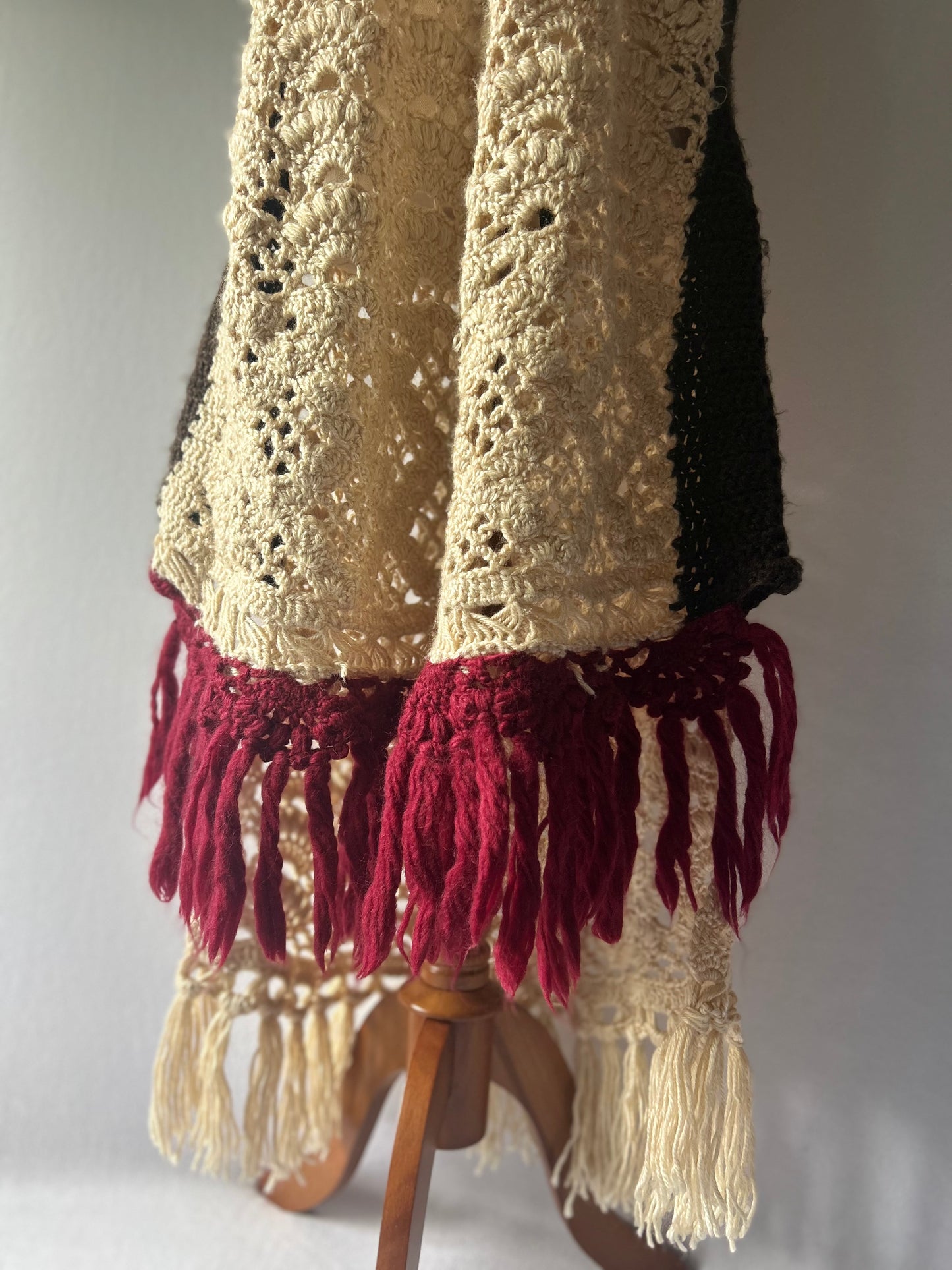 Artisanal Color-Block Crochet Fringed Poncho Tunic - One Size