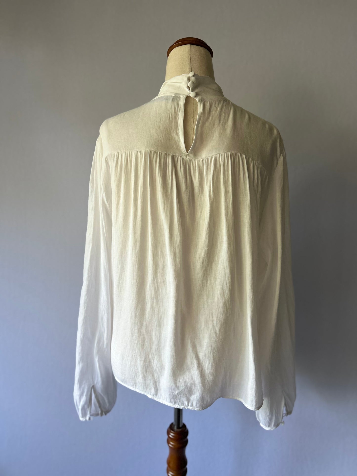 Zara Romantic Lace Insert Tie-Neck Blouse - White - Size L