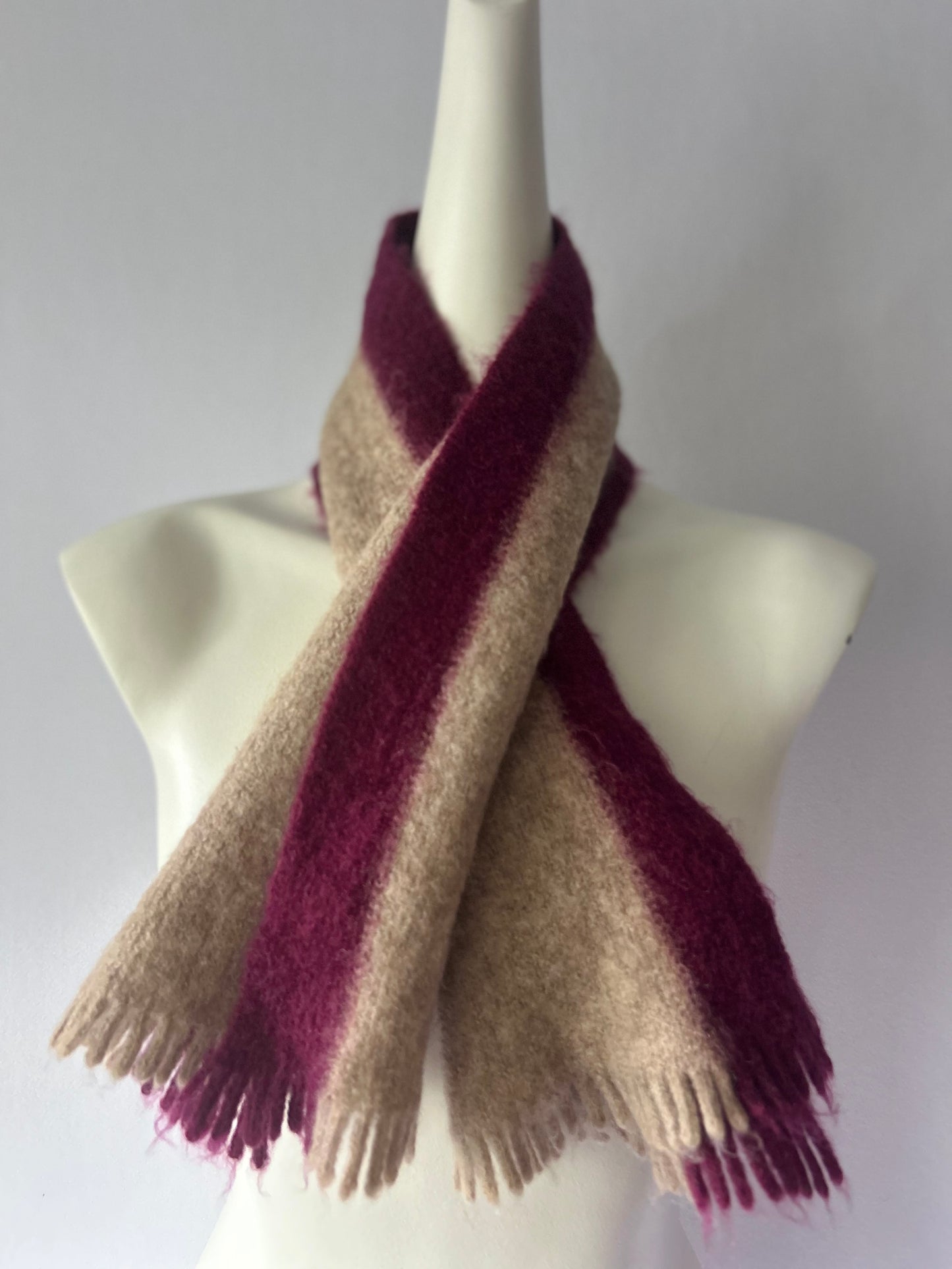 Vintage Mohair-Blend Striped Scarf in Plum & Oatmeal - One Size