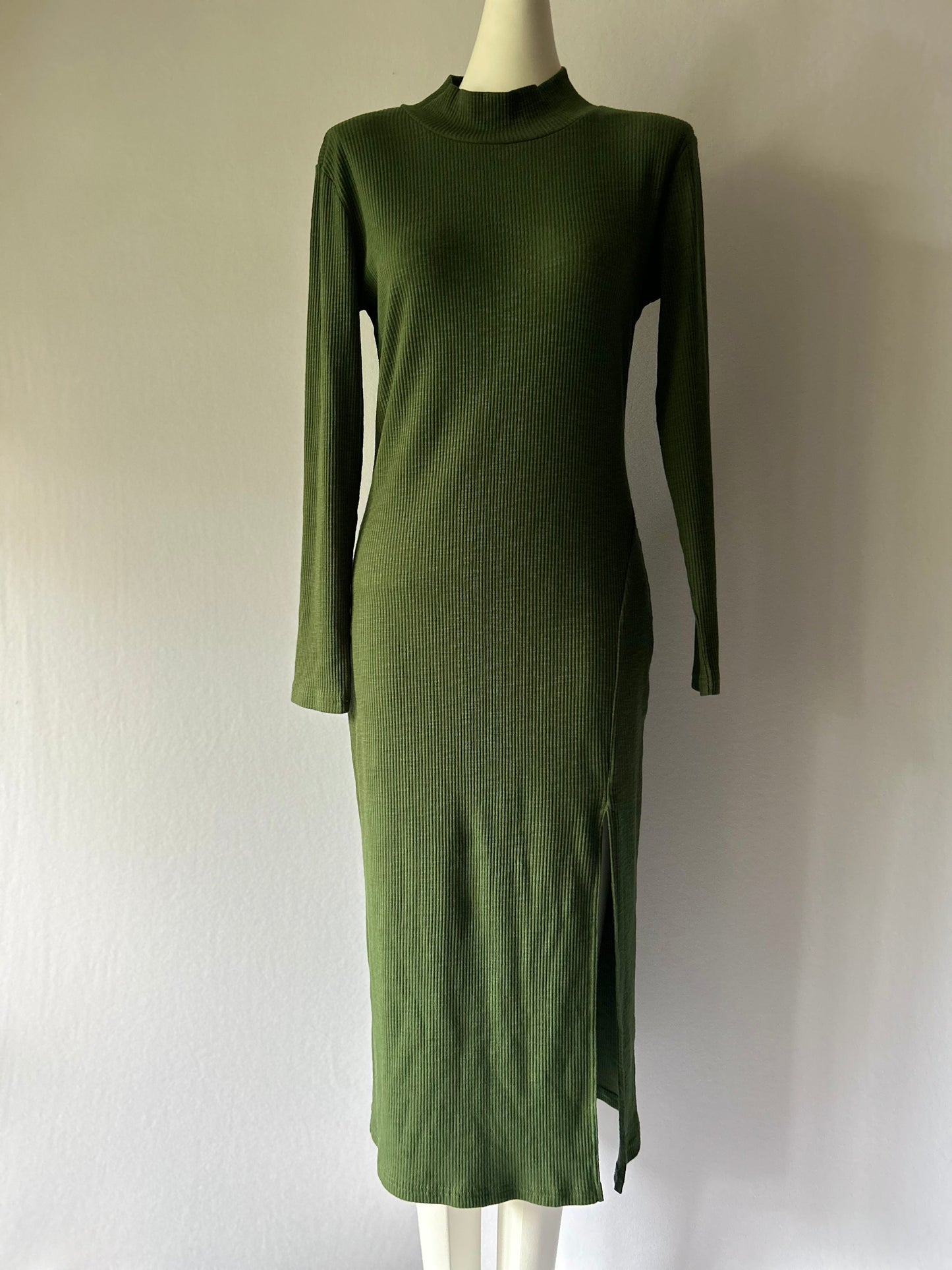 Olive Green Ribbed Mock Neck Maxi Dress - Size XL