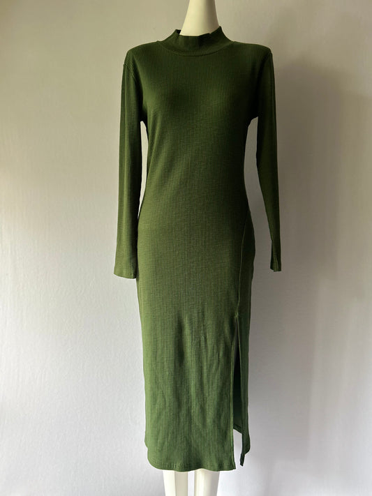 Olive Green Ribbed Mock Neck Maxi Dress - Size XL