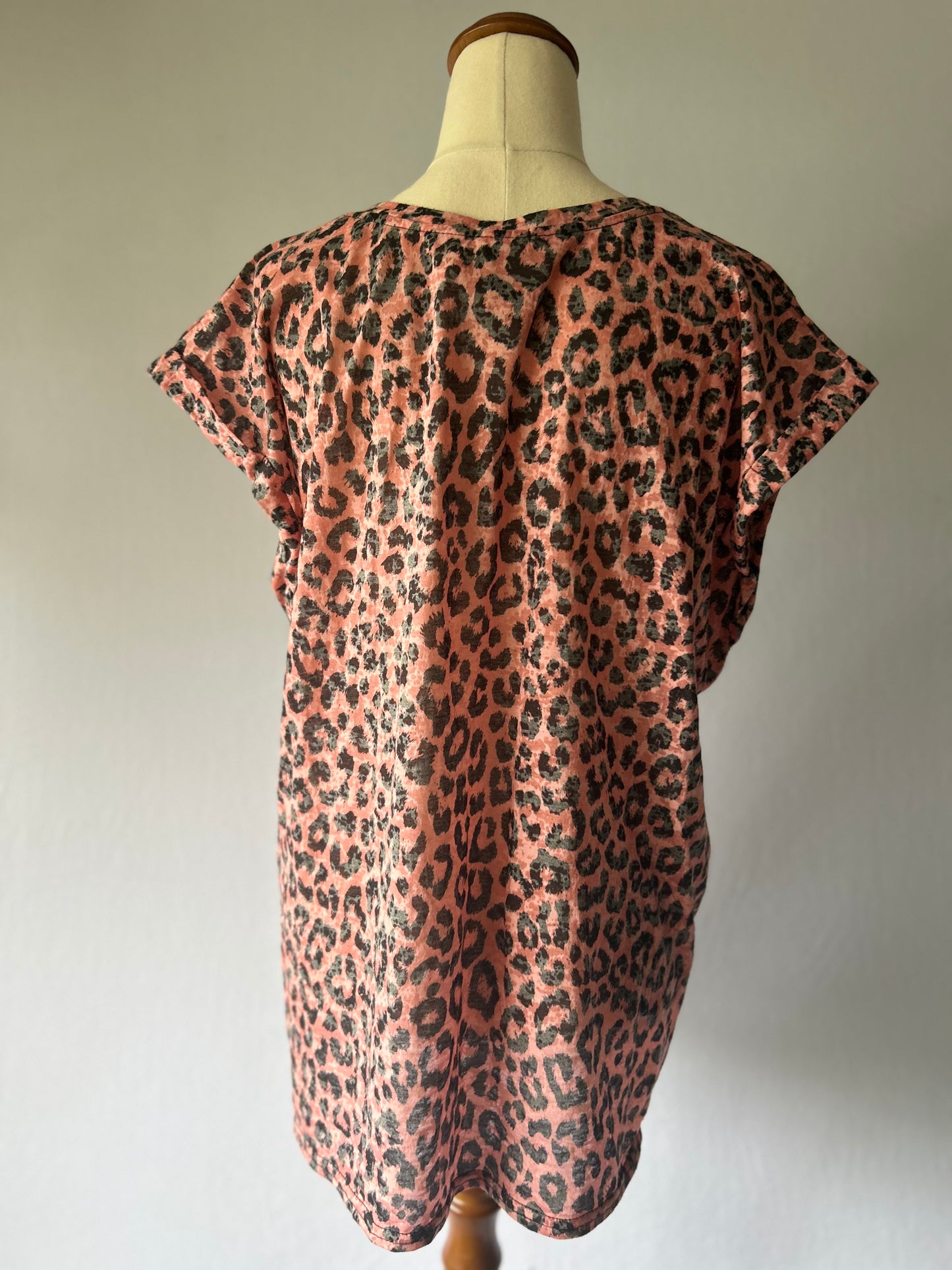 Black & Pink Leopard Print T-Shirt – Size 14, Polyester Viscose Blend