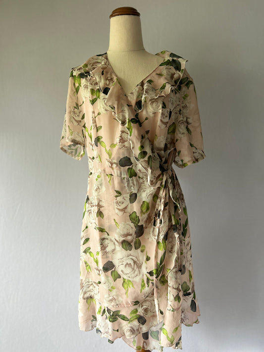 Vintage Rose Wrap Dress Size 14 – Floral Pink Polyeste