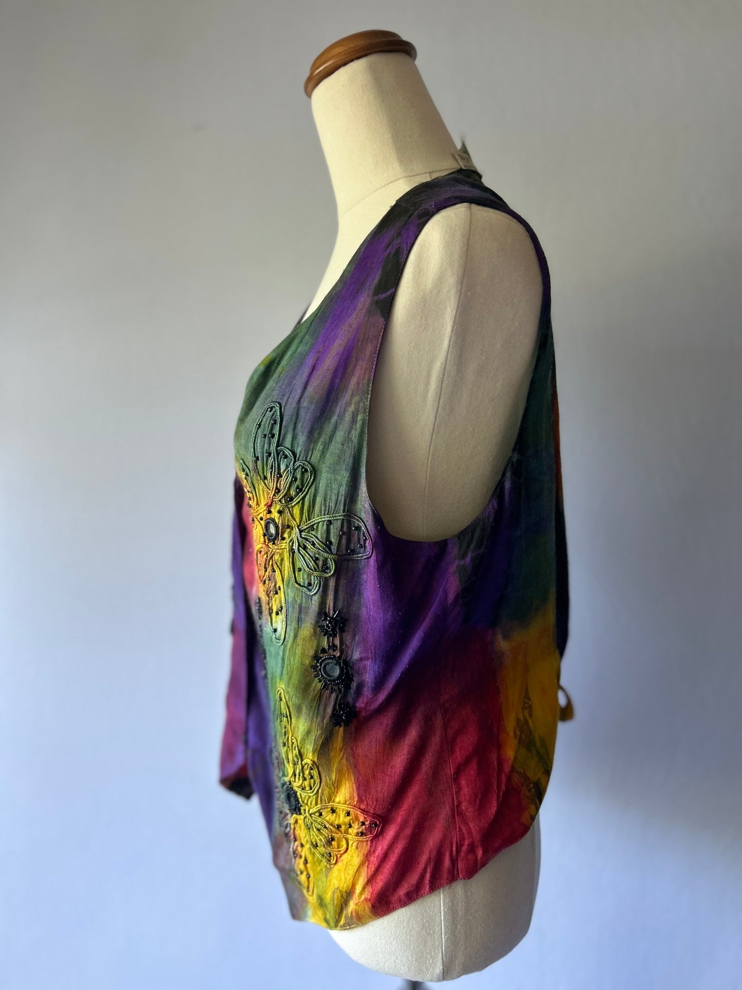 Vintage Embroidered Tie-Dye Beaded Vest – Size L, Viscose