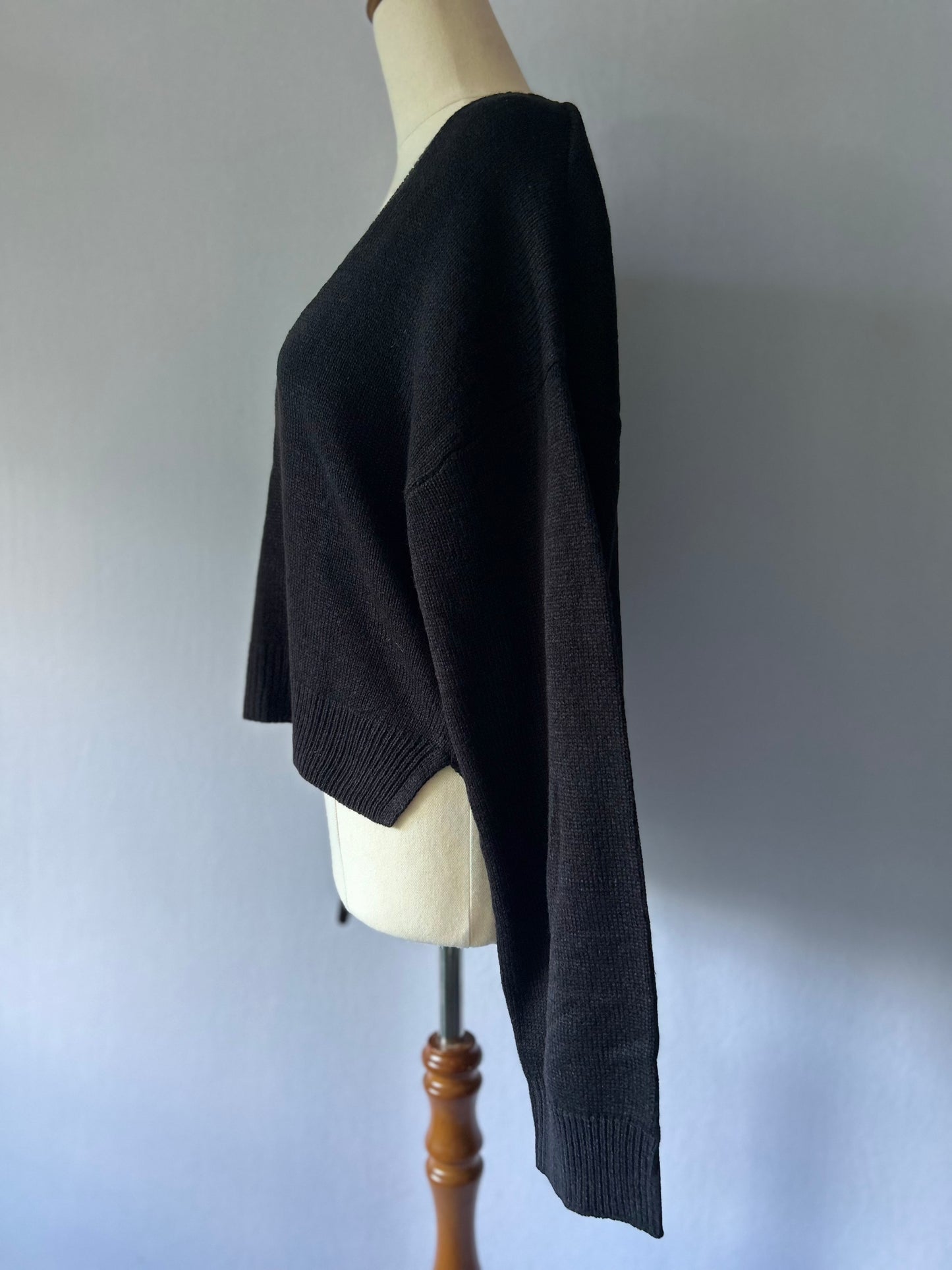 Minimalist Black V-Neck Knit Sweater - Size S