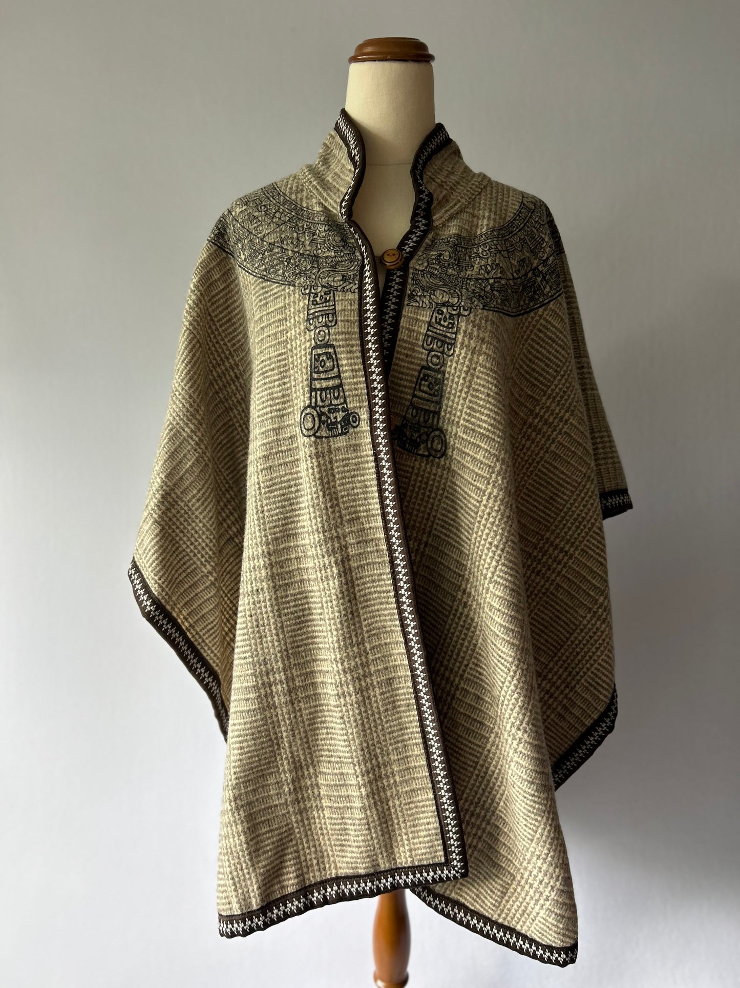 Folk-Art Heritage Knit Cape Poncho - Earthy Oatmeal & Brown - One Size