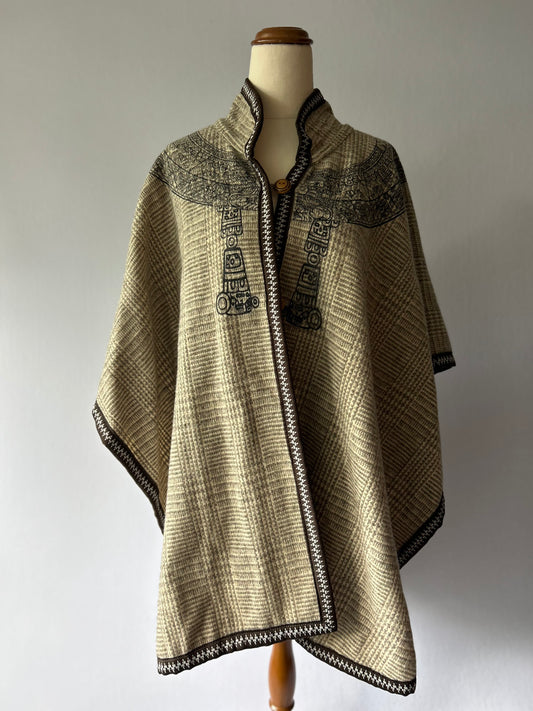 Folk-Art Heritage Knit Cape Poncho - Earthy Oatmeal & Brown - One Size