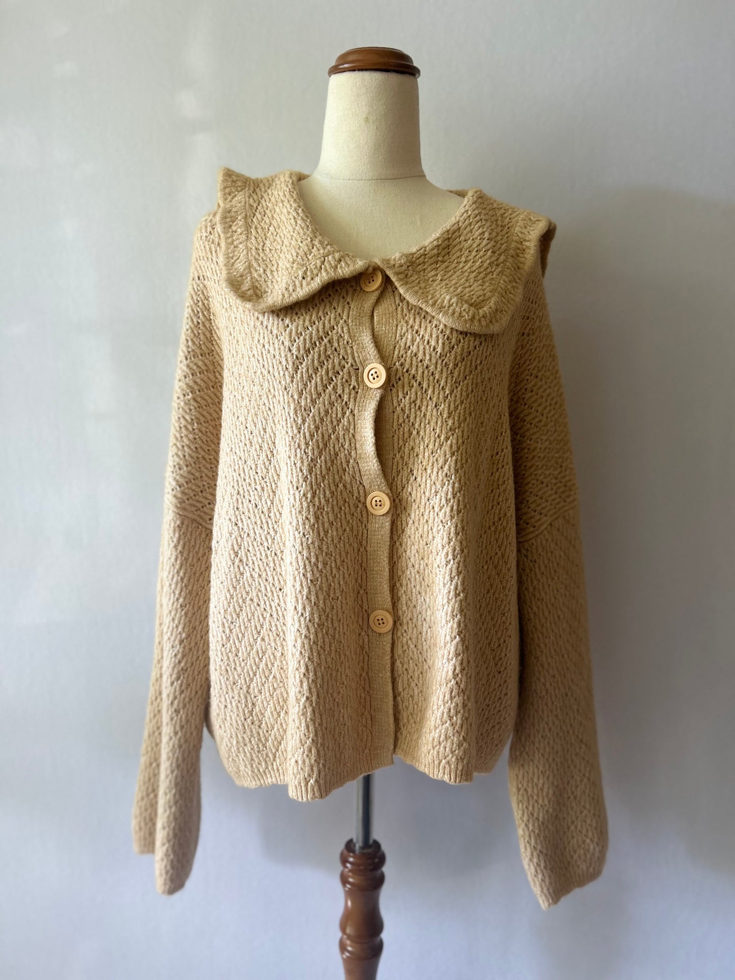 Textured Statement Collar Knit Cardigan - Oatmeal Beige - Size Large