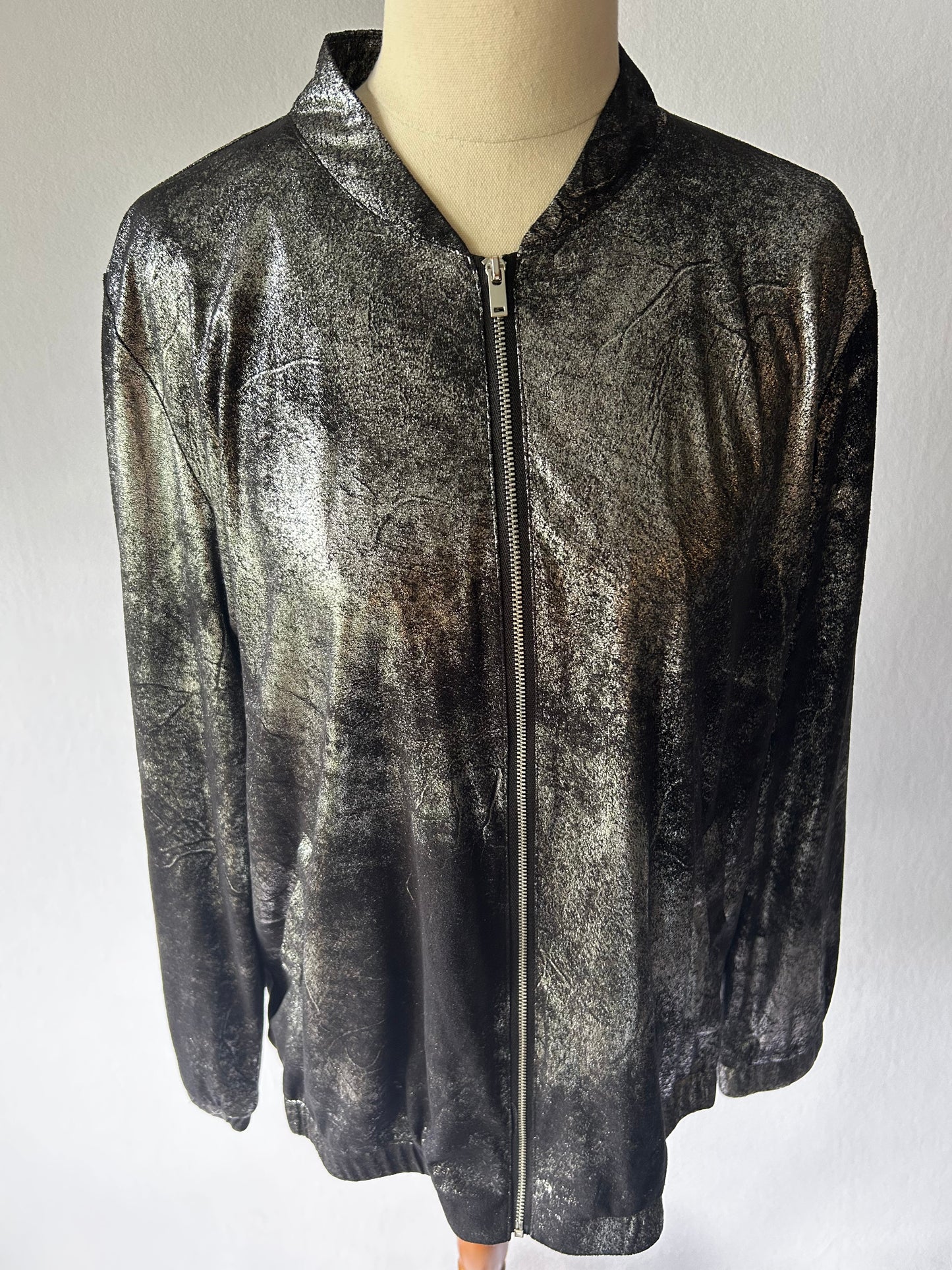 Metallic Silver Textured Bomber Jacket - Size L