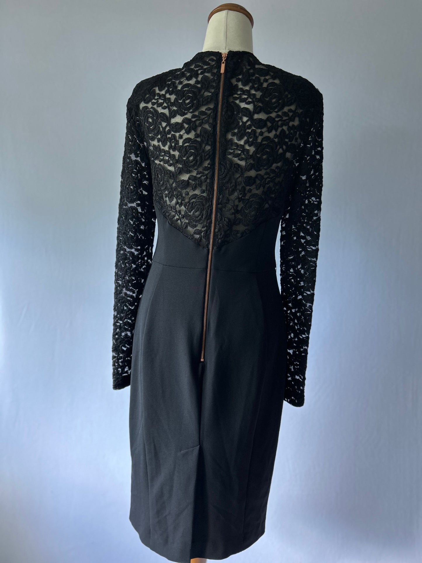 Cue Long Sleeve Black Dress | Lace Detail | Size 10 | Knee-Length