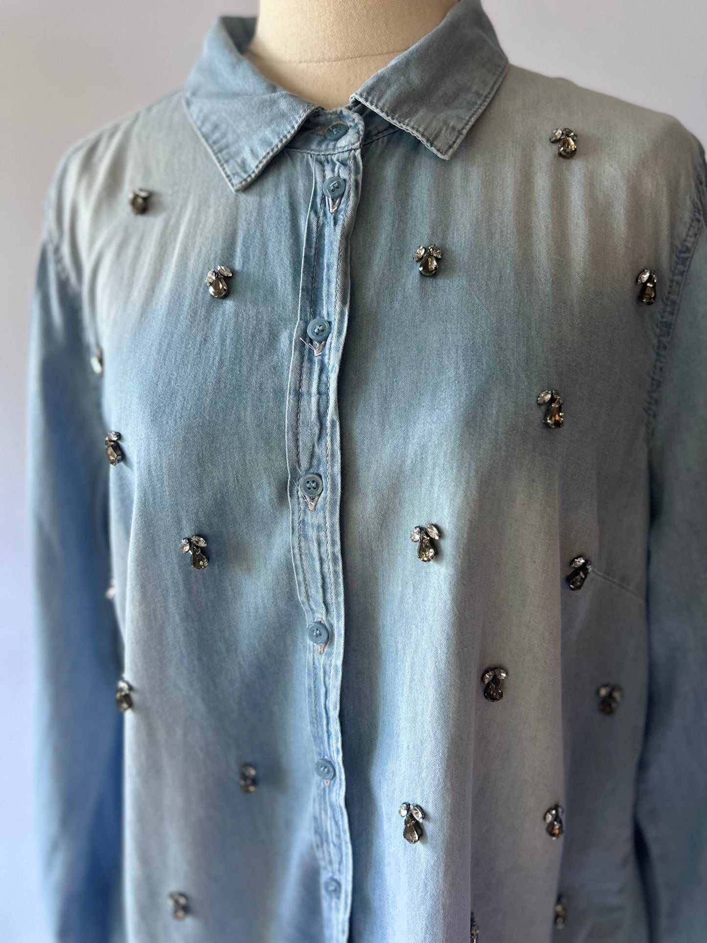 Embellished Ombré Denim Shirt - Light Wash Cotton - Size 12