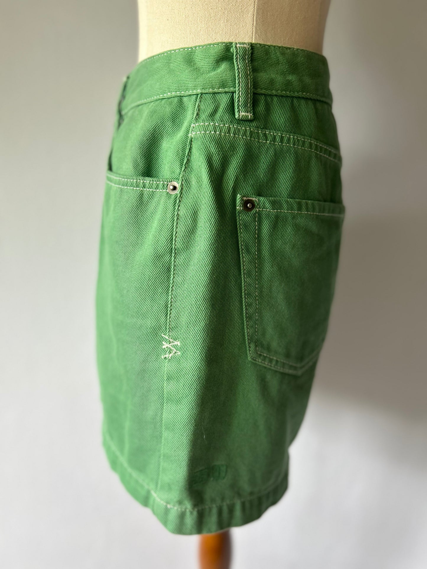 Retro Green Denim Mini Skirt - Size 8 (26" Waist)